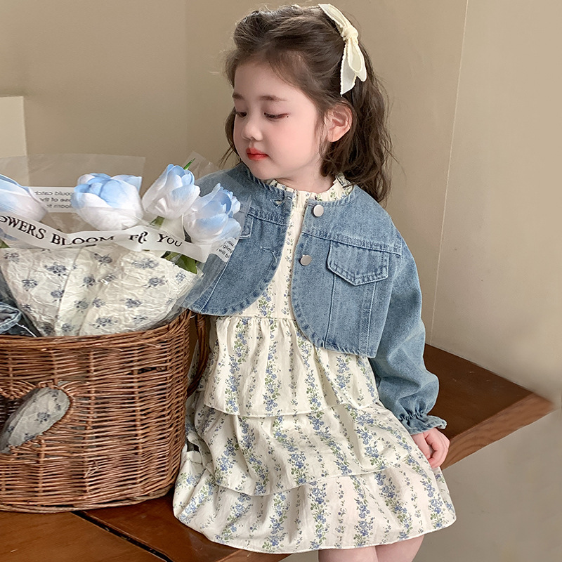 Conjunto de dos piezas para niña falda vaquera con estampado floral – moda primavera-otoño.