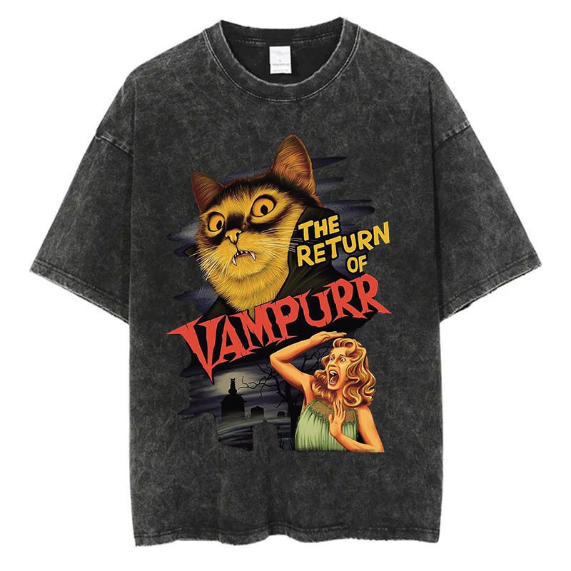 New Horror Series Horror Cat Halloween Print Washed Vintage Short-Sleeve T-Shirt American Cotton