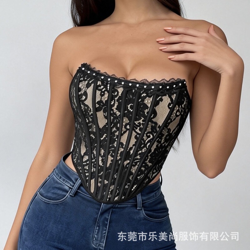 Amazon Elegant Pure Desire Style Floral Lace Slim-Fit Buttoned Backless High-End Sexy Corset with Boning for Women