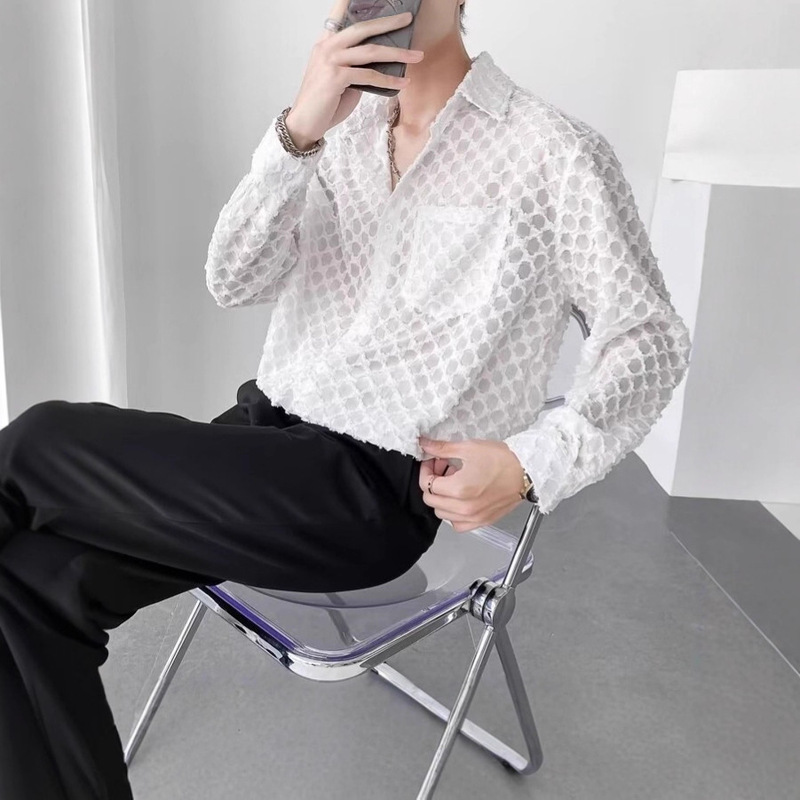 Street-Style Handsome Men's Long-Sleeve Korean Version Hollow-Out Semi-Transparent Niche Shirt, Trendy and Mature with a Draped Feel
