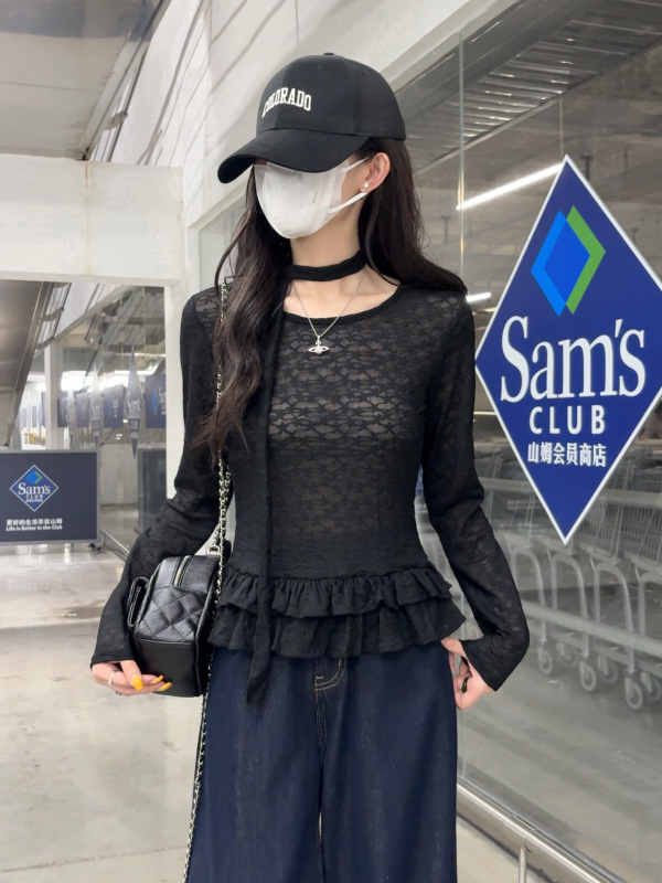 纯欲蕾丝拼接长袖T恤2025秋季新款辣妹风荷叶边修身打底衫上衣女|undefined