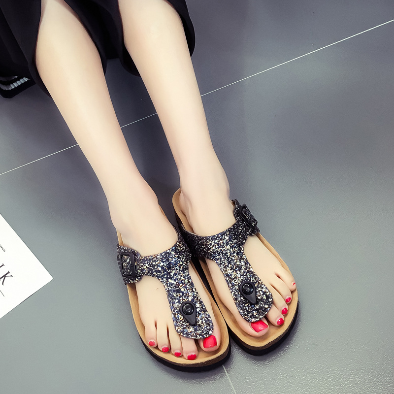 New large-sized women's sandals for foreign trade, colorful ice crystal water diamond cork slippers, Korean-style fashionable herd-shaped slippers for women undefined