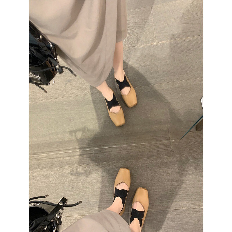 Top-grain leather~Cross-strap Mary Jane shoes, women's low-heeled ballet flats, pig-nose square-toe, shallow-cut, retro style