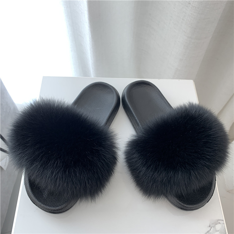 Zapatillas de pelo de zorro de moda damas una zapatilla de piel casera para usar zapatos de playa casuales zapatillas de piso plano