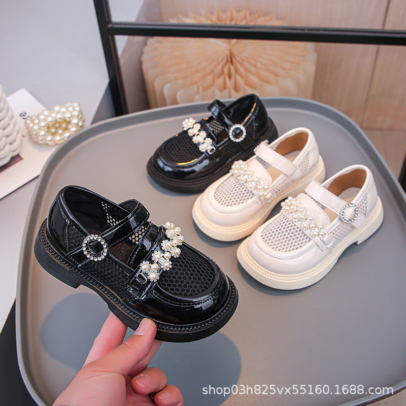 Women's Shoes Black Leather Shoes 2025 Spring and Summer New Shoes Little Girl's Hollow Mesh Breathable Princess Shoes