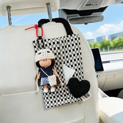 2026 New Potato Sister Car Tissue Holder, Car Tissue Box, Car Interior Decoration, Cute and Stylish for Women (Car tissue box/set) - striped-dress-potato-girl-black-tissue-hanging-bag