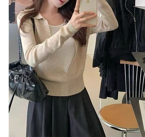 设计感撞色拼接长袖针织衫女秋冬新款时尚洋气减龄假两件别致上衣|undefined