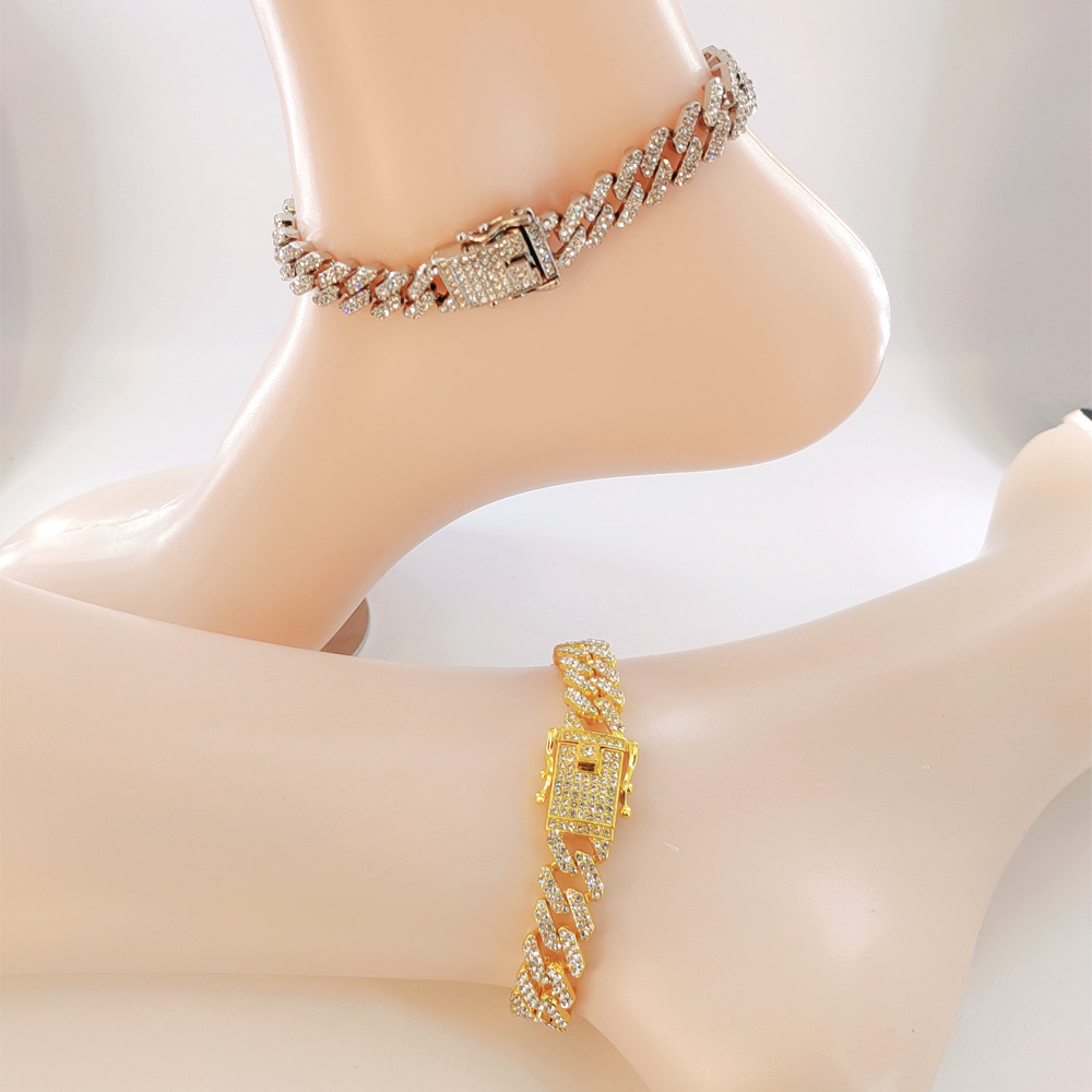 Personalized New Exaggerated Girl 12mm Alloy Cuban Decoration Hip Hop Full Diamond Feet Chain Male_voghion.com