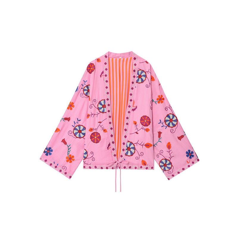 Autumn New Women's Fashion Versatile Simple Elegant Embroidered Pattern Kaftan Long-Sleeved Shirt Top