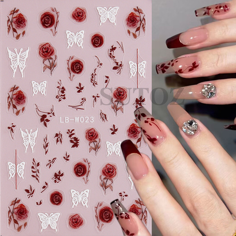 2023 new nail stickers autumn and winter artistic retro rose butterfly thin tough nail back stickers nail