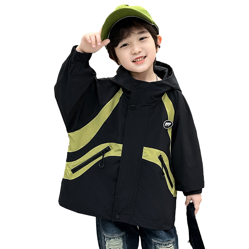 Boys label patchwork jacket for spring and autumn 2023, new handsome hooded windbreaker, children's top_voghion.com