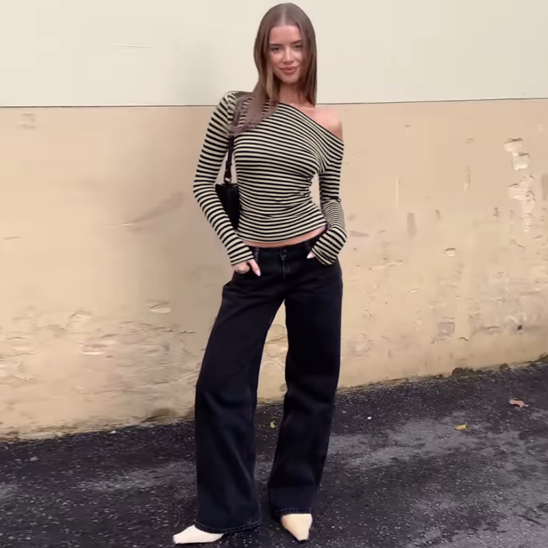 Damen Langarm T-shirt Mit Quadratischem Ausschnitt Rippstrick Top_voghion.com