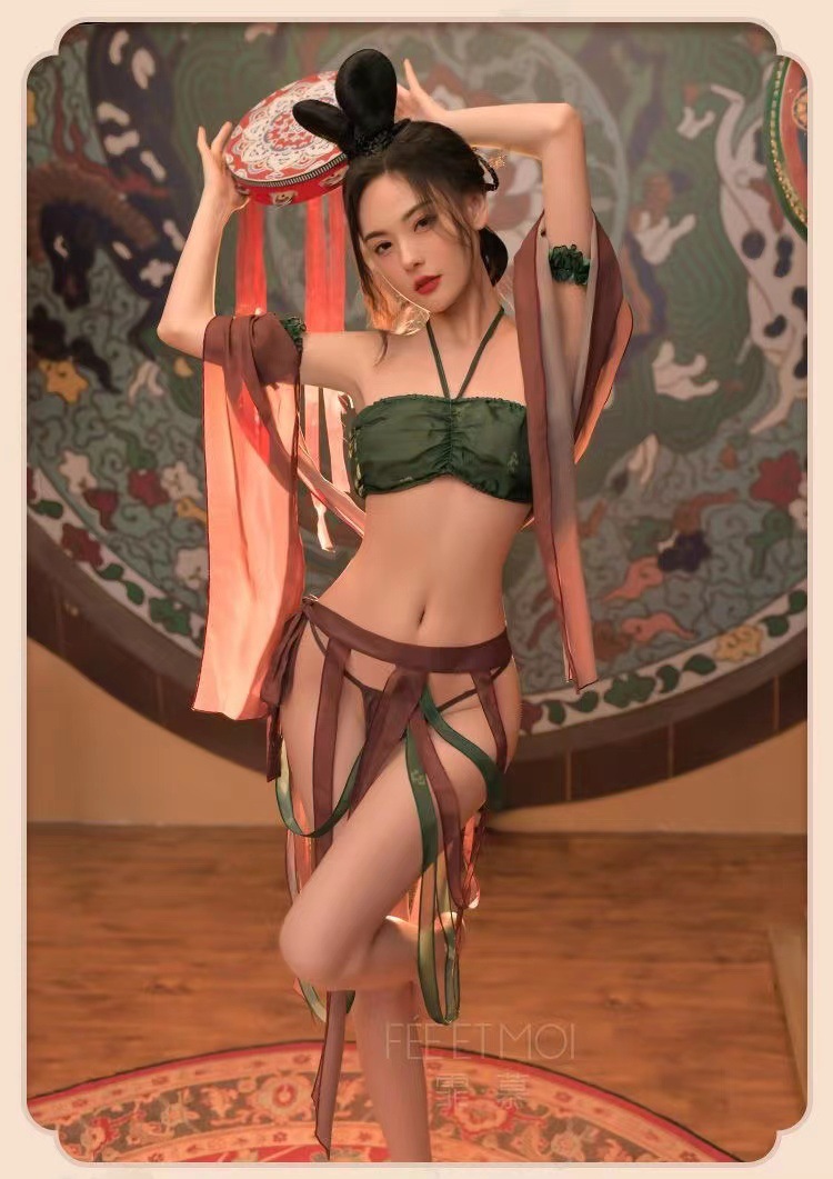 Dunhuang Apsara Hanfu Cosplay Lingerie Set, Black Mesh with Garters, Women’s Pajama Suit — detail image 9