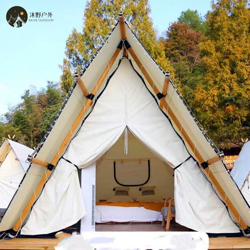 Muye camping al aire libre alojamiento residencial tienda triangular gran campamento camping residencial tienda de hotel de madera maciza
