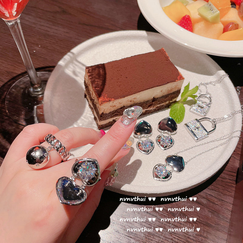 반짝이는 사랑 보석 목걸이 디자이너 18K 골드 도금 지르콘 하트 모양 열 수있는 사진 상자 귀걸이 세트