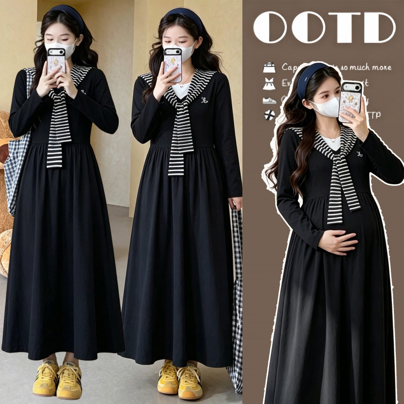 Real shot of maternity wear 2026 early autumn new college style striped shawl faux two-piece waist-cinching pleated age-reducing little black dress Real shot of maternity wear 2026 early autumn new college style striped shawl faux two-piece waist-cinching pleated age-reducing little black dress