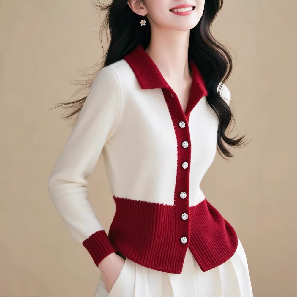 Áo len cardigan nữ cổ V dệt kim tay dài phối màu ôm dáng — Đánh vần màu đỏ và trắng chi tiết 2