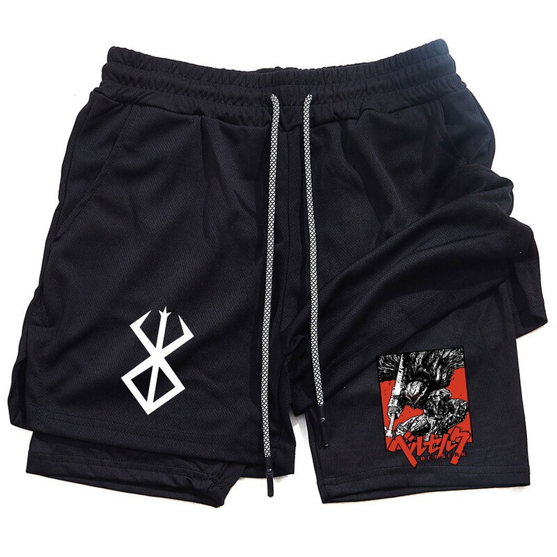 Anime Berserk Printed Trendy Sports Shorts, Elastic Breathable Fitness Double-Layer Shorts