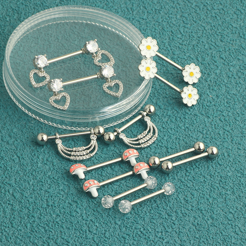 12-Piece Stainless Steel Dripping Chrysanthemum Nipple Ring Set with Zircon Nipple Nail - Body Piercing Jewelry detail image 7