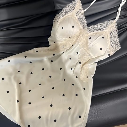 Korean Style Pajamas Women's Summer Thin Ice Silk Sling Shorts suit Sweet Style Dot Lace Nightgown Home Clothes