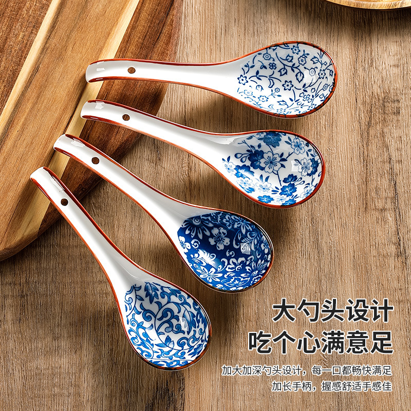 Cuchara japonesa de cerámica hogar Patrón de alto aspecto ins cuchara mezcladora de viento cuchara de gran capacidad diseño de cabeza de cuchara