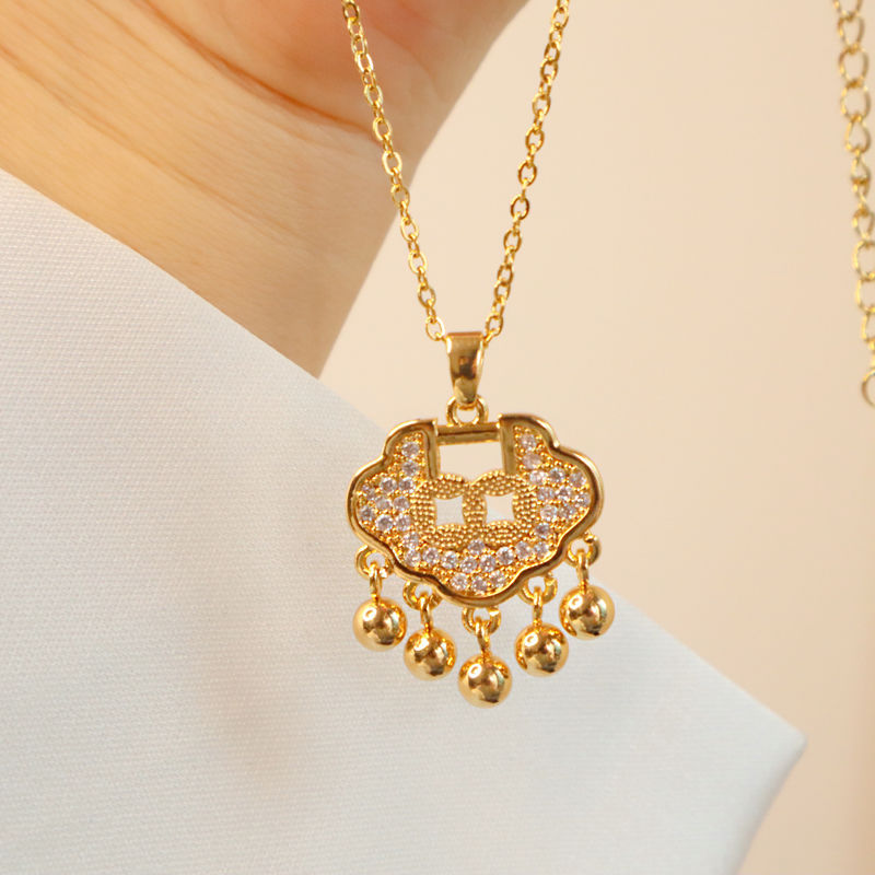 Ethnic Style Safety Lock Titanium Steel Inlay Rhinestones Pendant Necklace_colorza_2