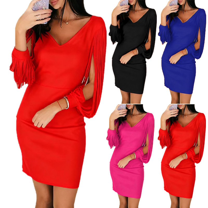 European and American Cross-Border Fashion Elegant V-Neck Tassel Long-Sleeve Mini Bodycon Evening Party Dress for Women
