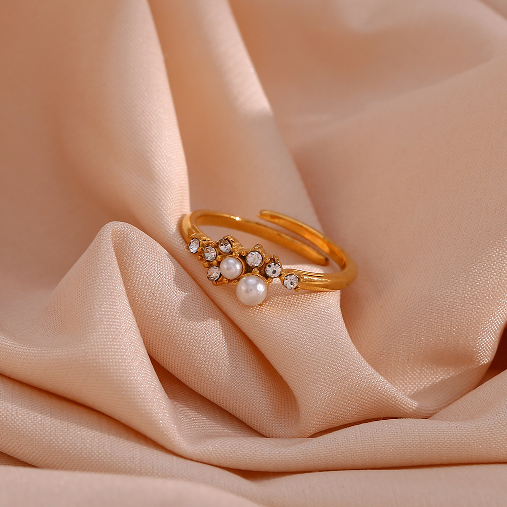 Fashion Geometric Stainless Steel Inlay Artificial Pearls Zircon Open Ring 1 Piece