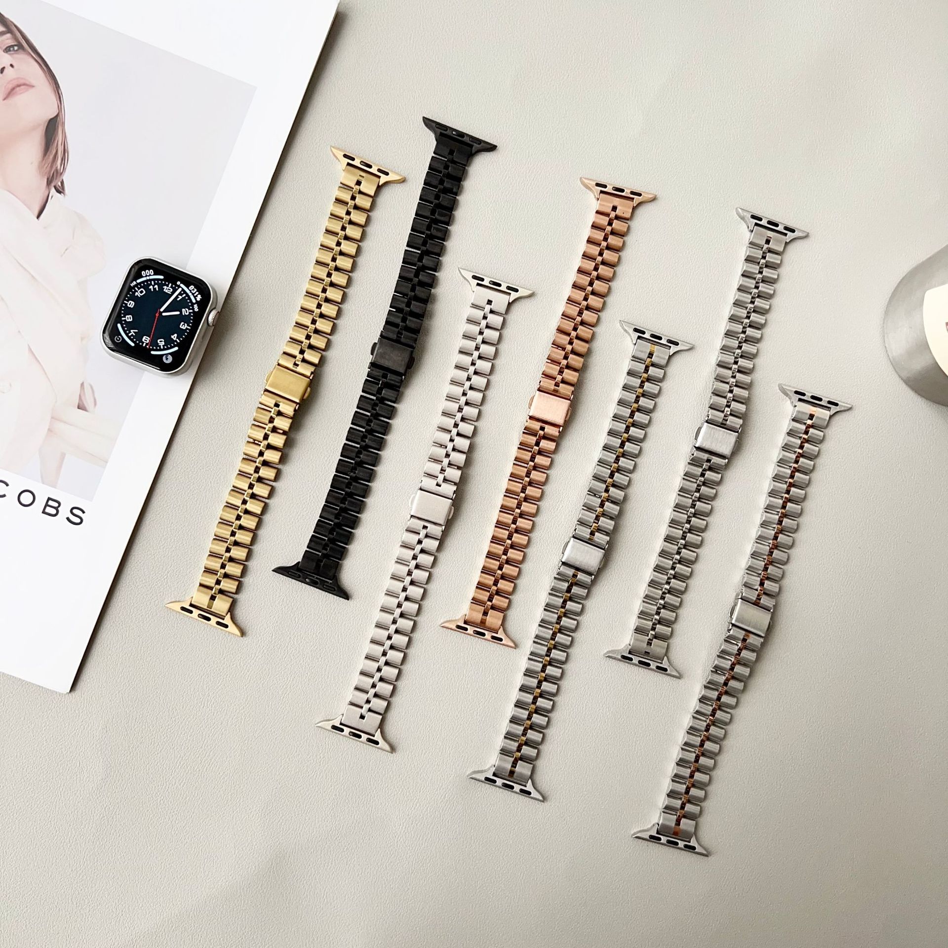 Suitable for Apple Watch Apple iWatch S10 Fine 14mm Three-Bead Stainless Steel Women's Watch Strap 46mm98