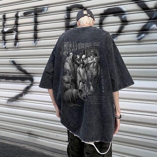 Vintage Washed American Style Men's Summer Streetwear Hip-Hop Short Sleeve T-Shirt Loose Casual Half-Sleeve Tee