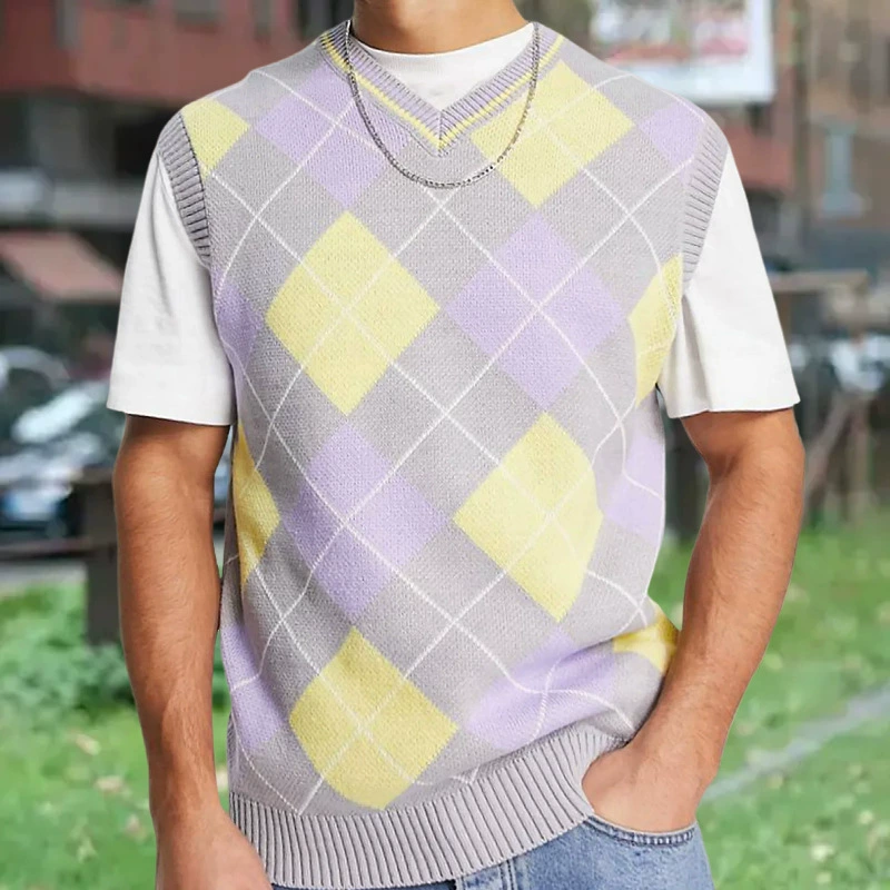 Amazon трансграничная мужская одежда Европейская и американская весенне-осенняя тонкая трикотажная одежда ромб жаккардовый шерстяной жилет SY0050