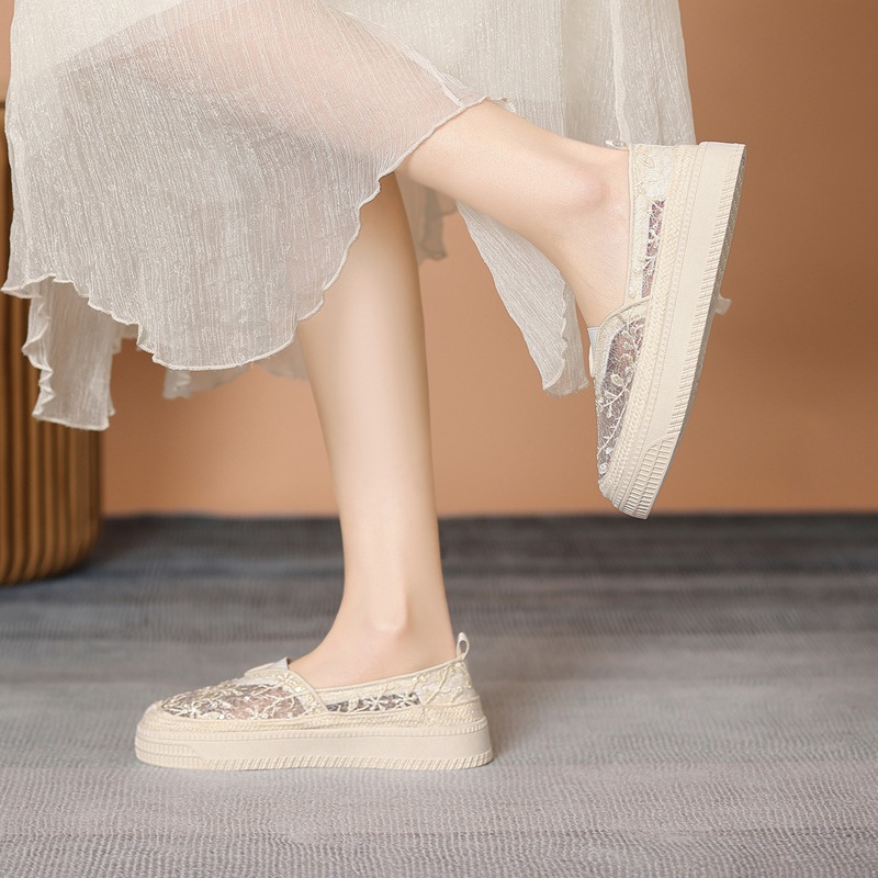 Giày lười nữ đế dày mũi vuông chất liệu ren thoáng khí — M678 Xanh xám