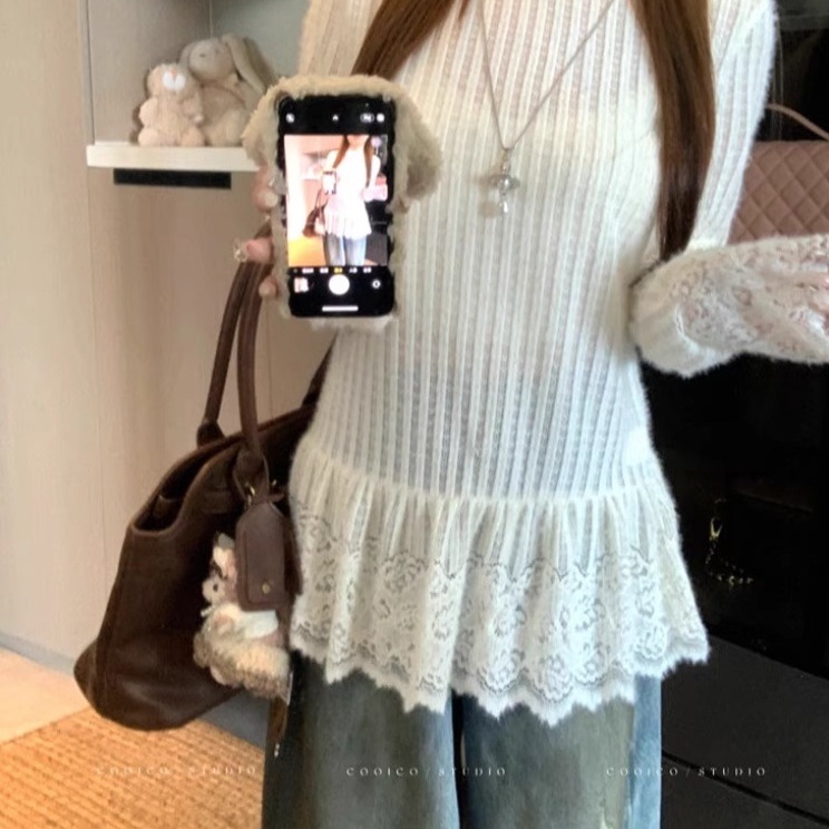 巧克少女杏色坑条蕾丝拼接花边针织衫女秋季弹力宽松休闲长袖上衣|undefined