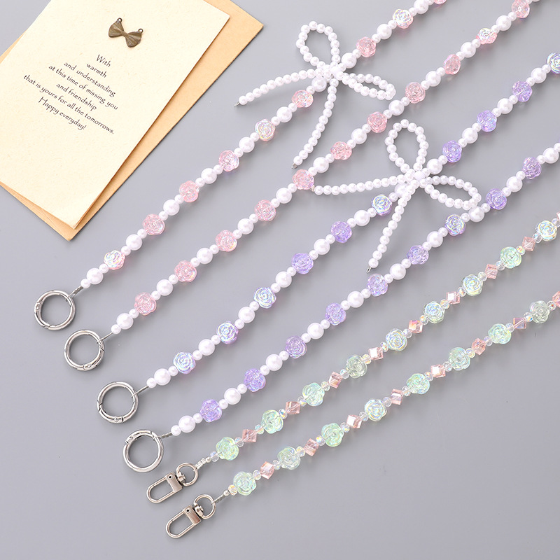 Nuevo colgante de rosa chapado en color, cadena de mensajero de lazo con cuentas hecha a mano, bolsa de teléfono móvil, cadena de reemplazo anti-pérdida