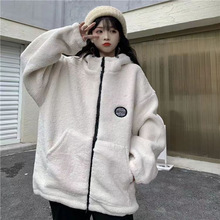 加绒加厚仿羊羔毛连帽外套女2024秋冬款韩版宽松百搭开衫卫衣外套