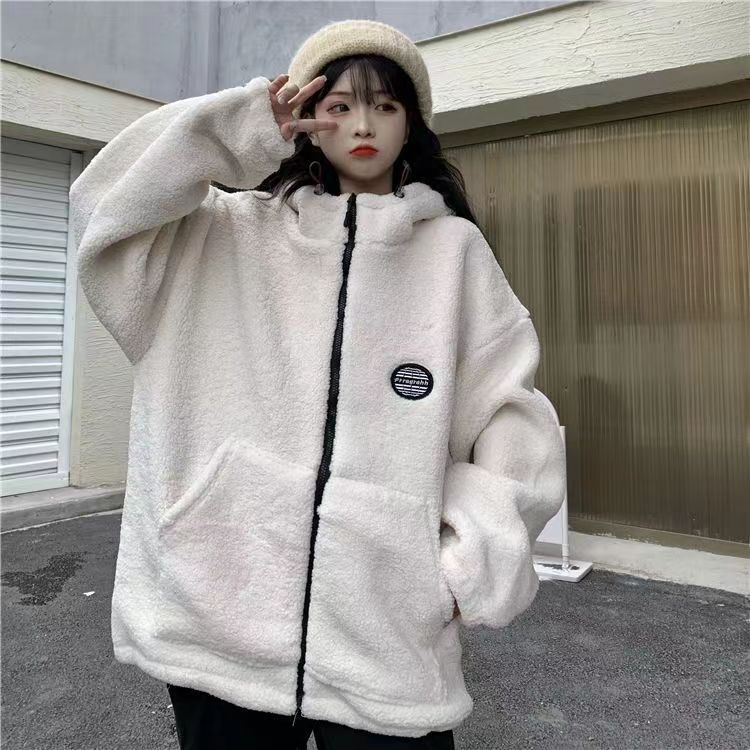 加绒加厚仿羊羔毛连帽外套女2024秋冬款韩版宽松百搭开衫卫衣外套