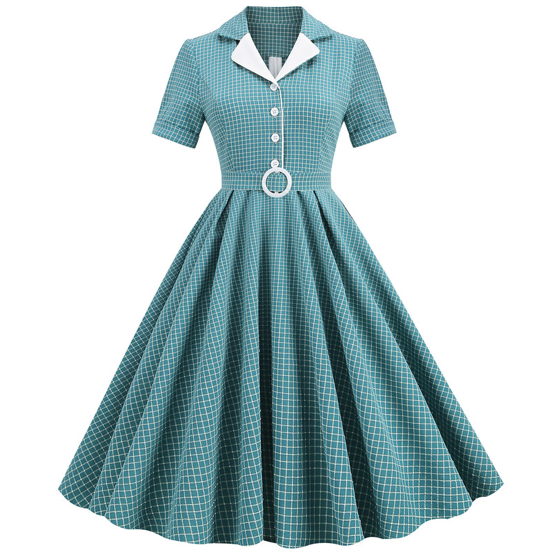 Vintage European and American Style Women's Mid-Length Dress with a Contrasting Color Plaid, Slim-Fit, Belted, Flared Hem, and Hepburn-Inspired Cross-Border Design Vintage European and American Style Women's Mid-Length Dress with a Contrasting Color Plaid, Slim-Fit, Belted, Flared Hem, and Hepburn-Inspired Cross-Border Design