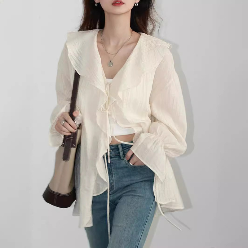 "Imagine Space" Spring Texture Tencel Ruffled Loose Sleeve Lace-up Mid-length Shirt