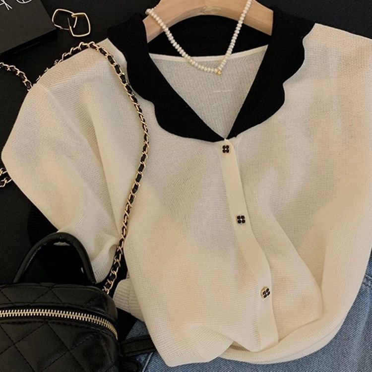 Polo Doll Collar Ice Silk Short-Sleeved Knitwear for Women Summer French Style V-Neck Thin Cardigan Elegant Top