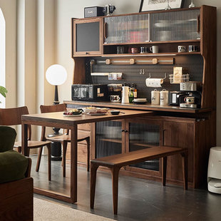 North American Black Walnut Sideboard Rotatable Dining Table Hidden Integrated Wall Solid Wood Side Cabinet Living Room Bar Counter Cabinet