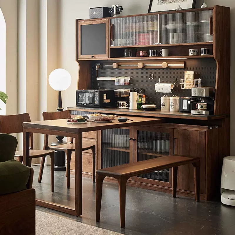 北美黑胡桃木餐边柜可旋转餐桌隐藏式一体靠墙实木边柜客厅吧台柜