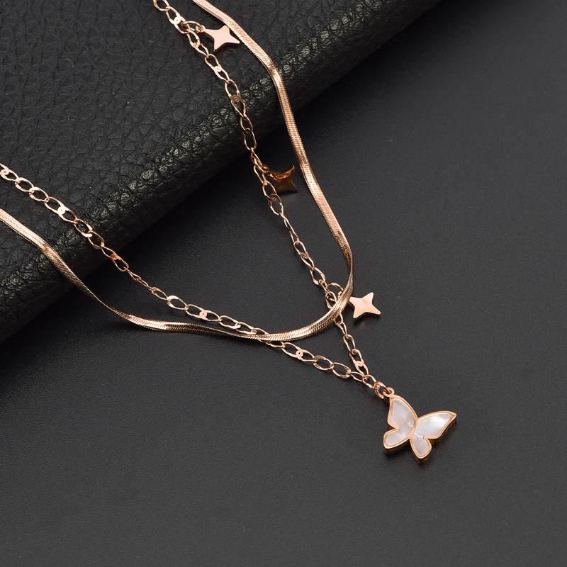 14g Weight Shell Insert Material Layered Necklaces Classification cable chain, snake chain Chain Type 1 Piece Quantity Holiday Occasion Titanium Steel Material Butterfly Pattern Women'S Gender Inlay Design Simple Style Style Simple Style Butterfly Titanium Steel Inlay Shell Layered Necklaces