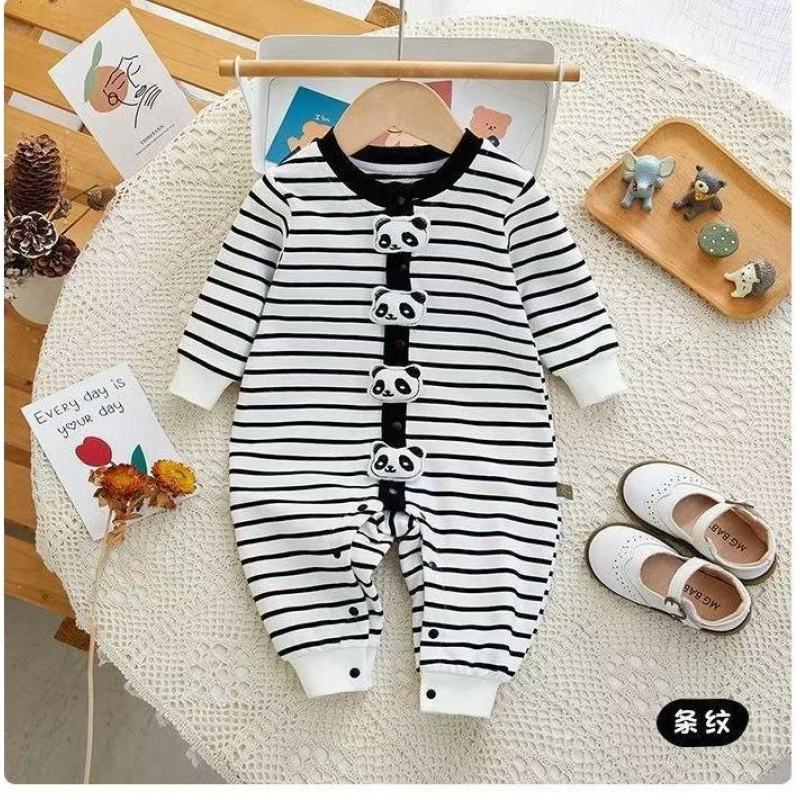 Ropa de bebé de una pieza Primavera y otoño Ropa de recién nacido Ropa de bebé de manga larga de primavera de bebé de panda rojo tridimensional a rayas