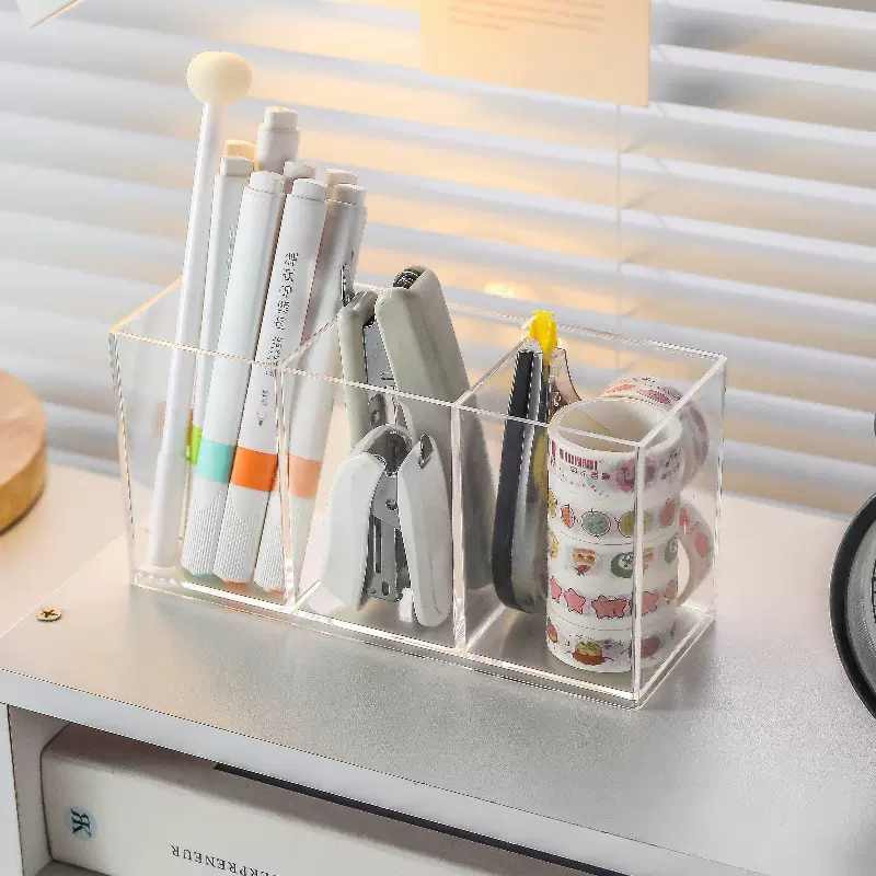 多功能亚克力笔筒透明桌面收纳盒笔架办公室文具分格收纳筒大容量