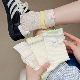 Summer Thin Socks Women's Hollow Boneless Mesh Breathable Ear Women's Socks Japanese Bow Plaid Lace Socks