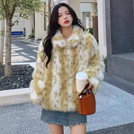 冬季山猫纹皮草女装欧美跨境豹纹毛毛外套2024新品托卡毛绒衣服厚