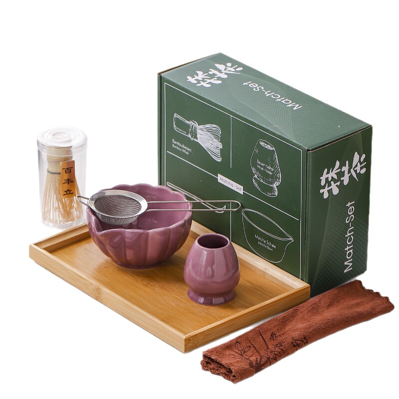 新款6件套Matcha紫色薰衣草茶筅立百本立陶瓷抹茶碗抹茶工具套装|undefined