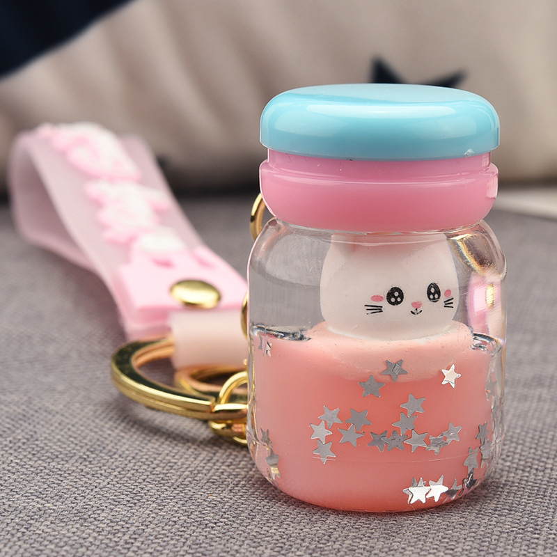 Cute acrylic oil keychain mini yogurt bottle portable macaron quicksand kitten student backpack pendant