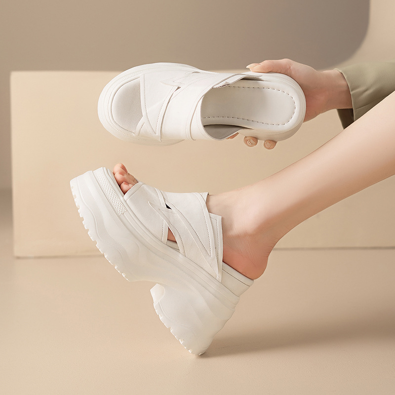 Dép sandal nữ quai ngang đế tăng 12 cm da bò mặt — màu đen, Trắng kem-
