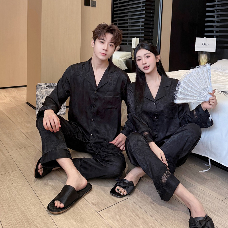 Source Factory Goods 2025 Couple Ice Silk Pajamas Women's Spring Thin Long-Sleeved Douyin Live Fashion Jacquard Suit